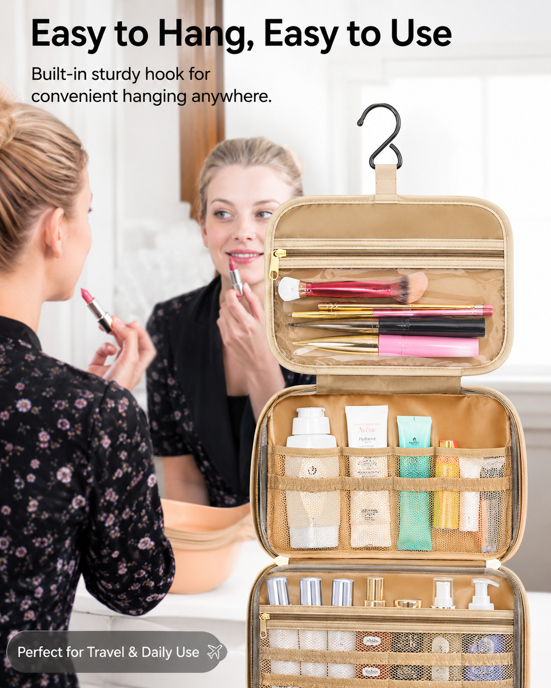 Large Hanging Travel Cosmetic Bag – Waterproof Multi-Compartment Organizer